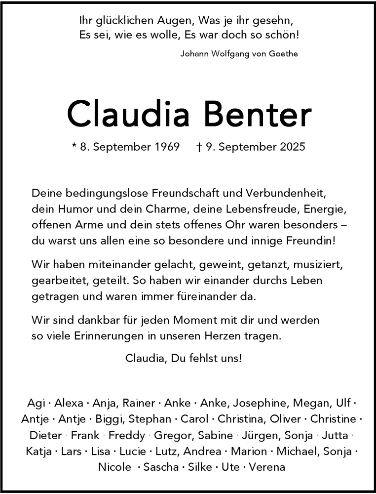 Traueranzeige für Claudia Benter von Freunden